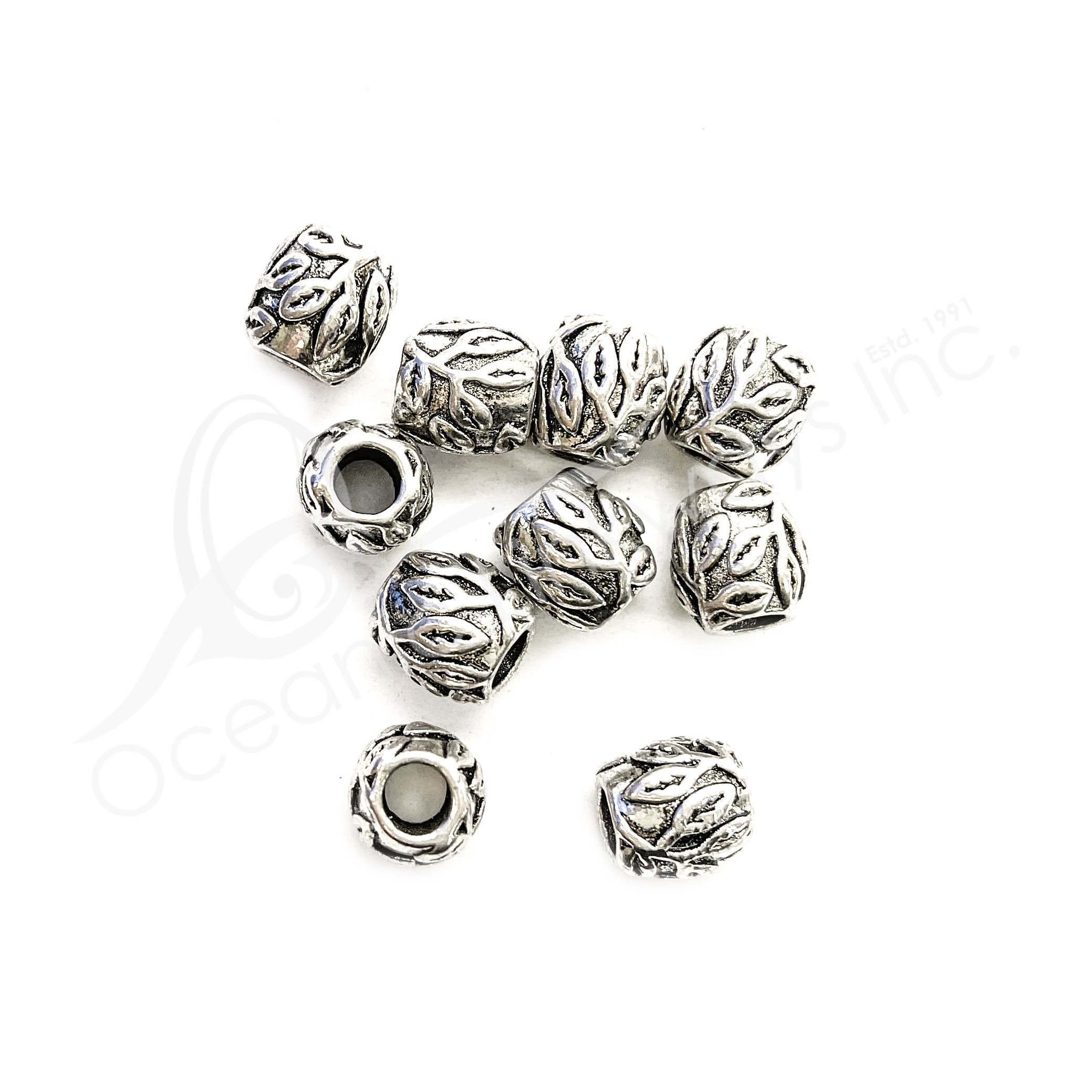 (CLOSE OUT) BEADS METAL TUBE WITH LEAVES DESIGN (PK 10) 1 CM L X 9 MM