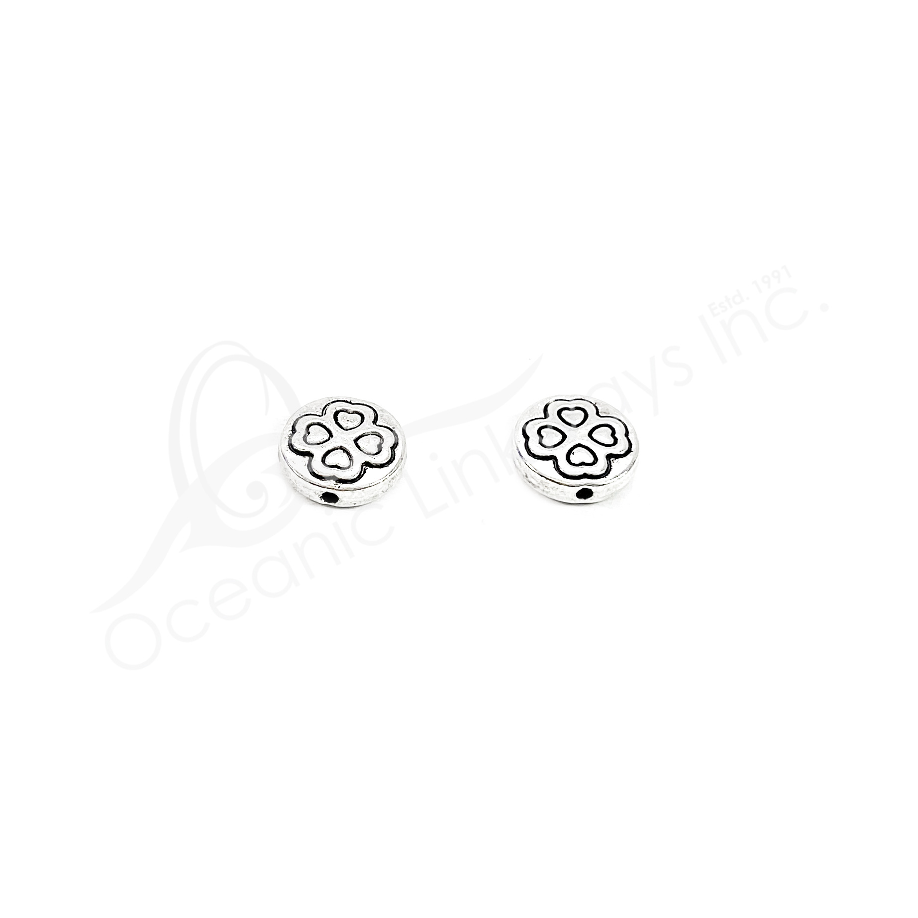 CLOSE OUT) BEADS - METAL ROUND FLAT WITH LUCKY CLOVER DESIGN (PK 20) 9 MM D  X 2 MM T | Oceanic Linkways Inc - Wholesaler of Gemstones, Minerals,  Jewelry and More!